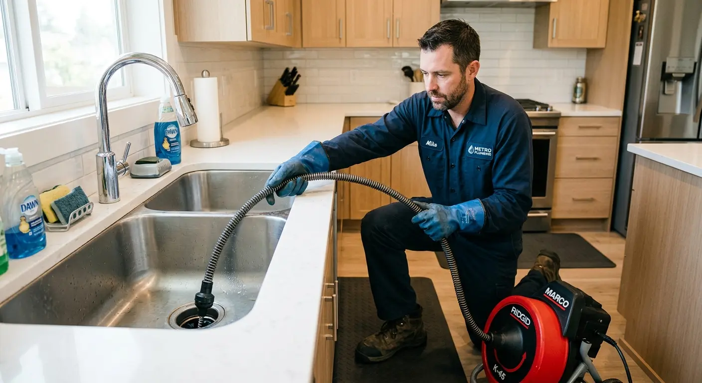 Drain cleaning technician using a motorized snake on a kitchen sink in Grafton