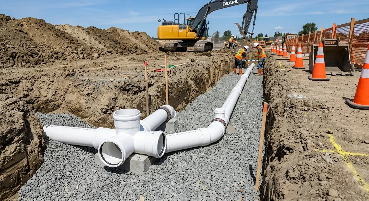 New PVC sewer pipe installation in open trench for Sewer Backup in Grafton