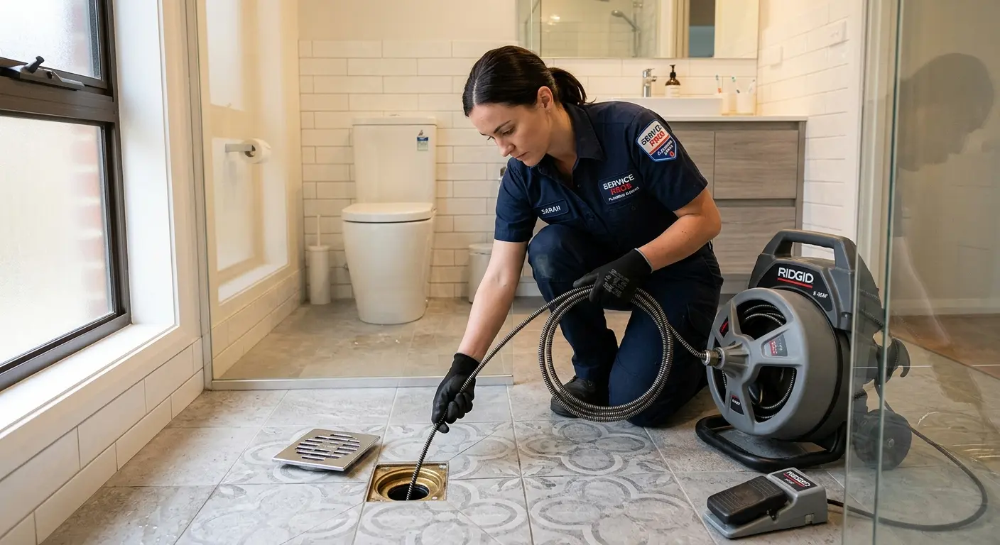 Technician clearing a bathroom floor drain for Drain Cleaning in Grafton